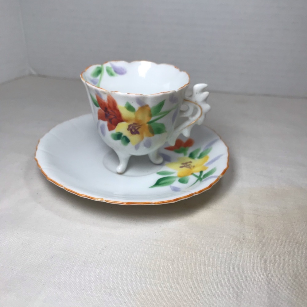 Porcelain Floral Footed Teacup and Saucer - White with Yellow & Orange Flowers